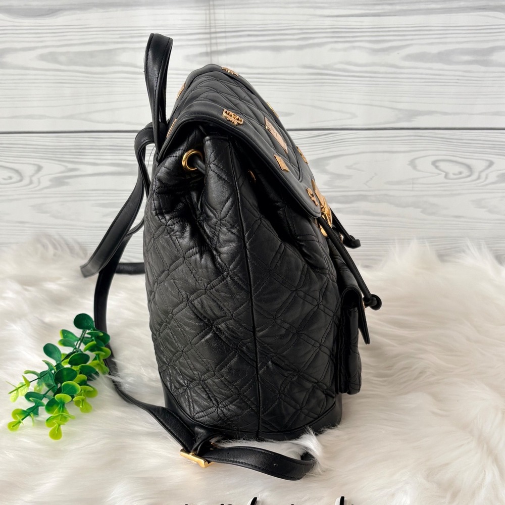 MCM Black Quilted Leather Backpack Gold Logo Studded B4969 - Picture 9 of 16